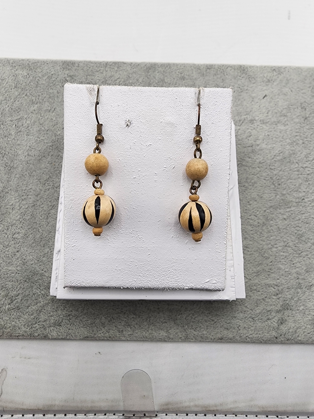 Handcrafted Beige and Black Wood Bead Drop Earrings